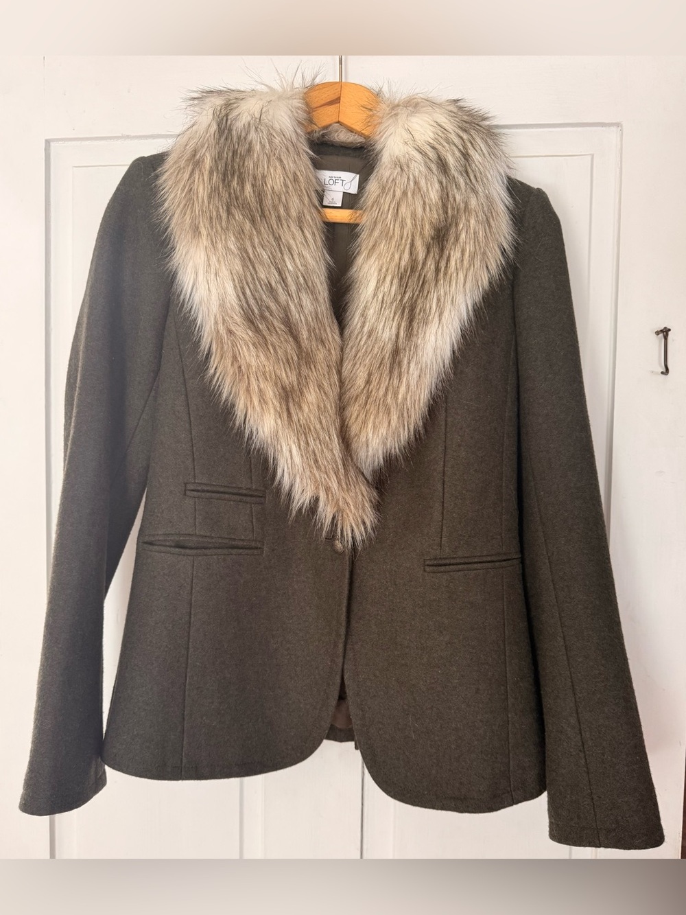 LOFT Loden Green Wool-Blend Blazer with Removable Faux Fur Collar